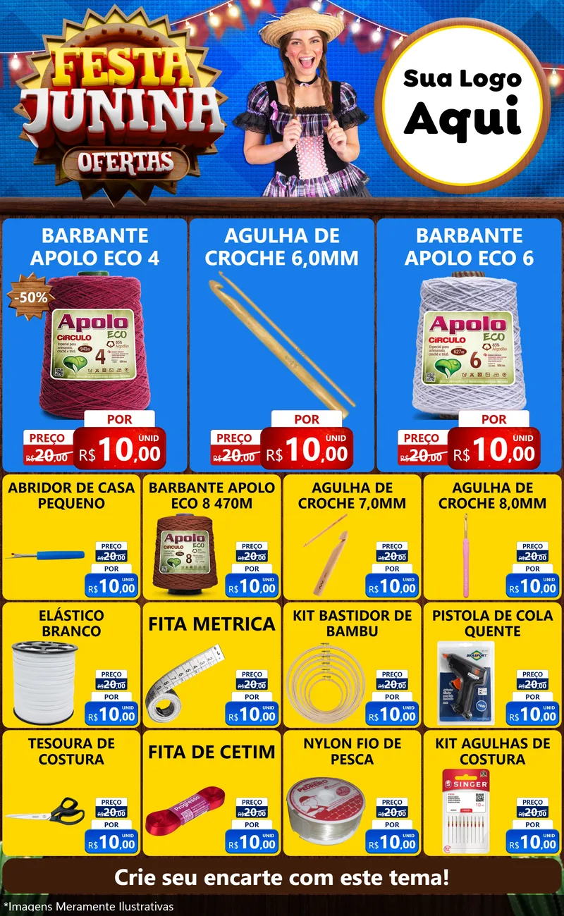 Modelo de Encarte para Encarte Grande com o tema Festa Junina Ofertas para Armarinho e Aviamentos