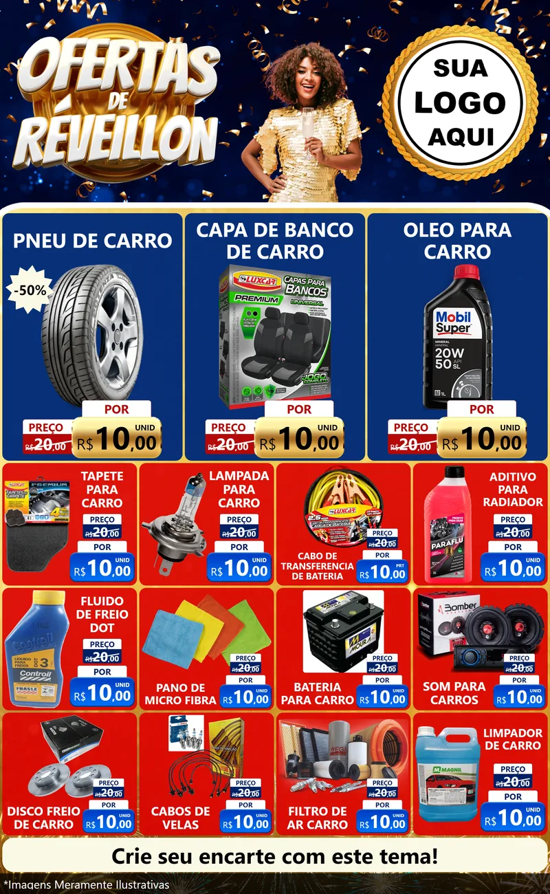 Modelo de Encarte para Encarte Grande com o tema Ofertas de Réveillon para Auto peças