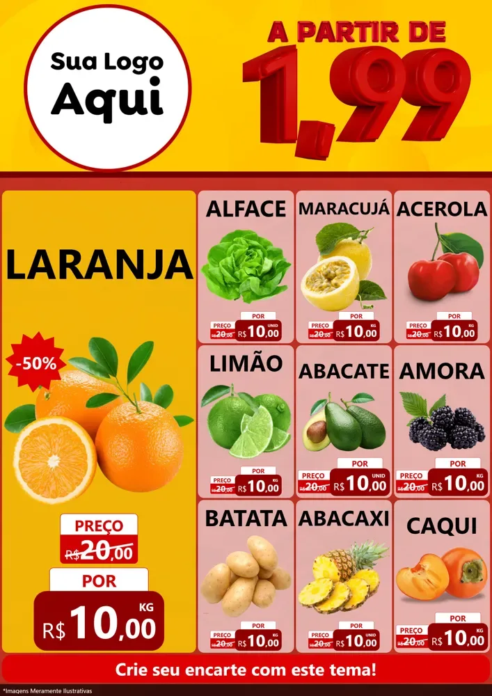 Modelo de Encarte para Encarte A4 Vertical com o tema A Partir de Um e Noventa e Nove - 1,99 para Hortifrúti