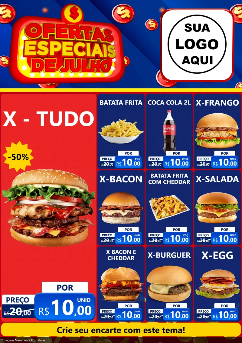 Modelo de Encarte para Encarte A4 Vertical com o tema Ofertas Especiais de Julho para Hamburgueria