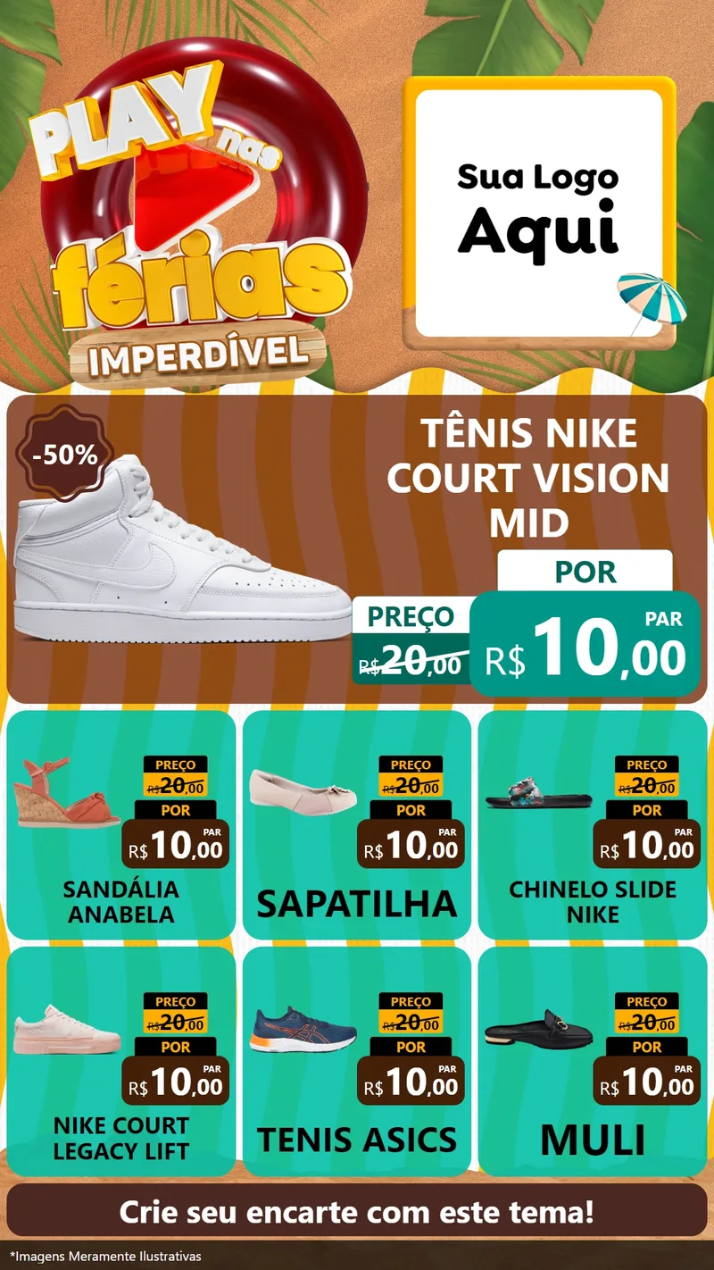 Modelo de Rede Social para Stories com o tema Play Nas Férias Imperdível para Calçados