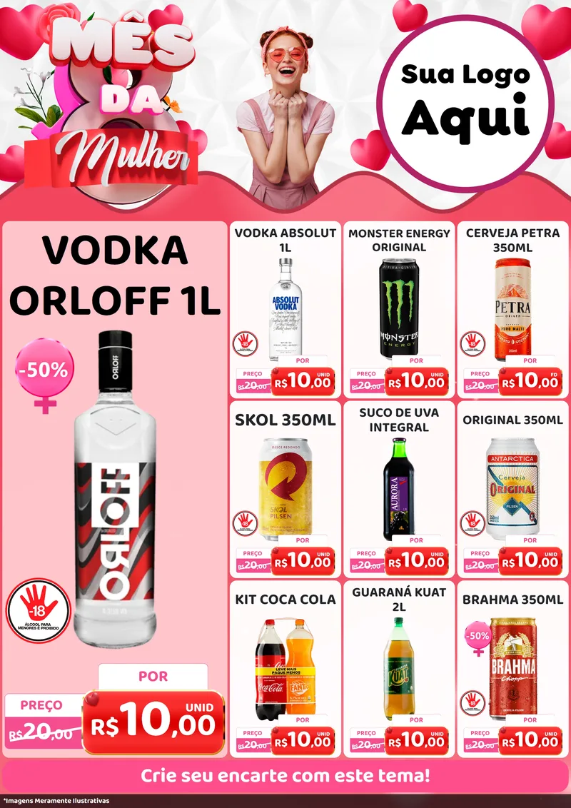 Modelo de Encarte para Encarte A4 Vertical com o tema Mês da Mulher para Distribuidora de bebidas