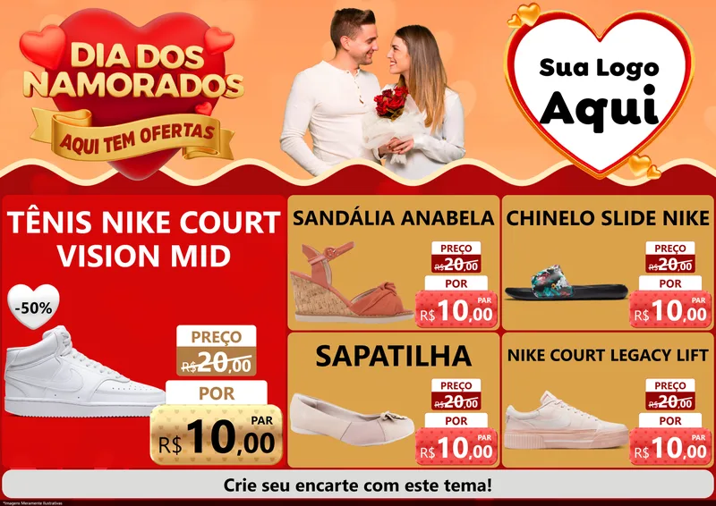 Modelo de Encarte para Encarte A4 Horizontal com o tema Dia dos Namorados - Aqui Tem Ofertas para Calçados