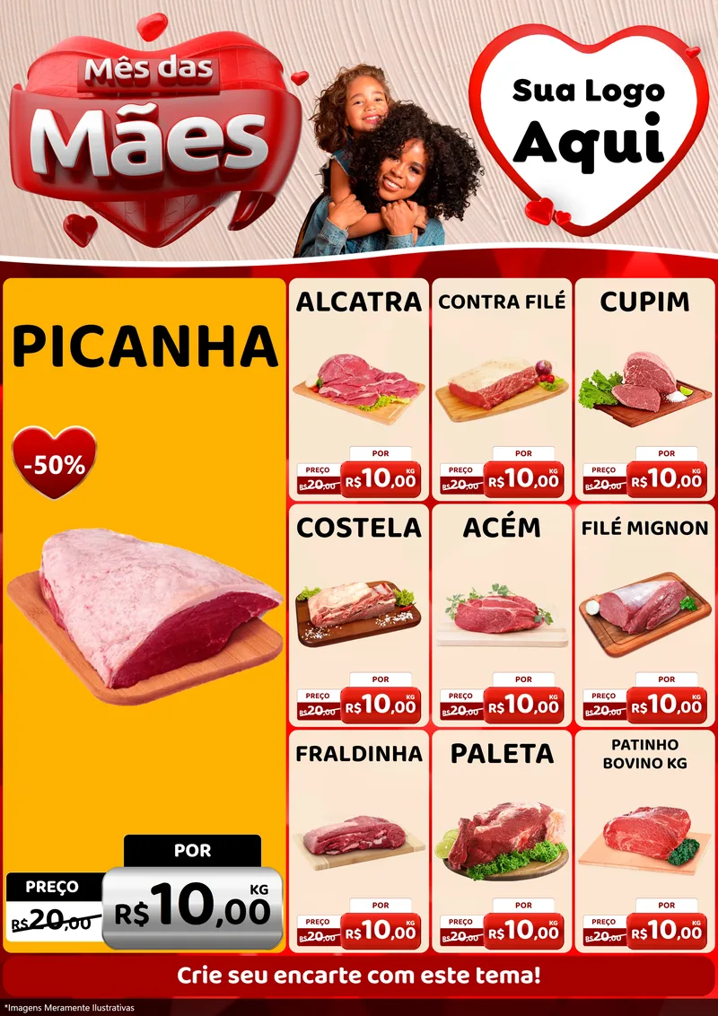 Modelo de Encarte para Encarte A4 Vertical com o tema Mês das Mães para Açougue
