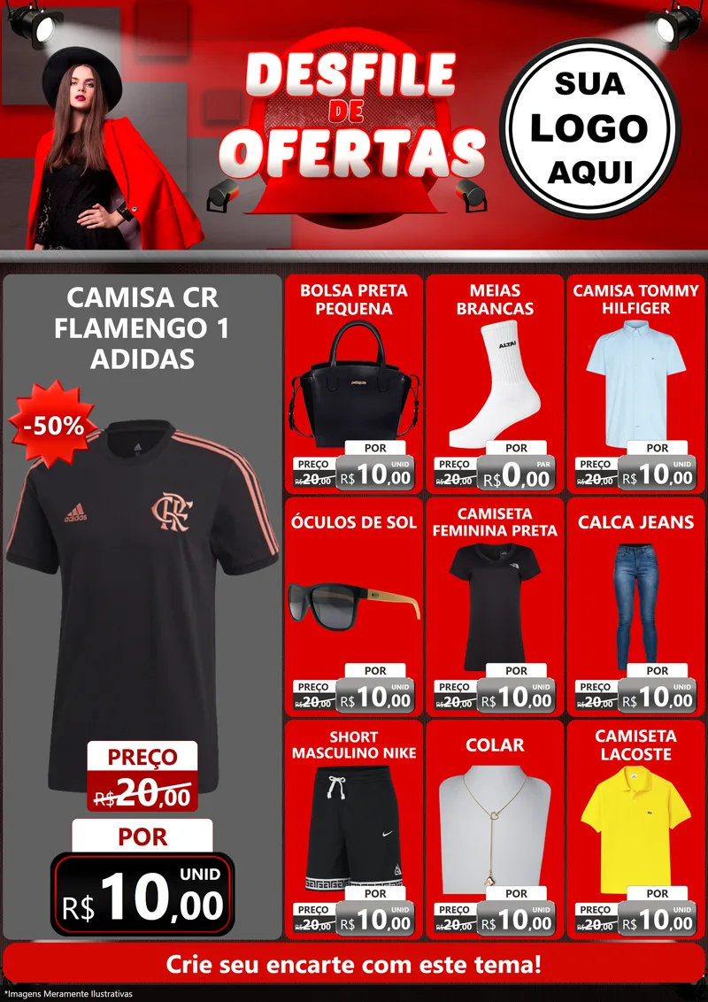 Modelo de Encarte para Encarte A4 Vertical com o tema Desfile de Ofertas para Roupas e acessórios