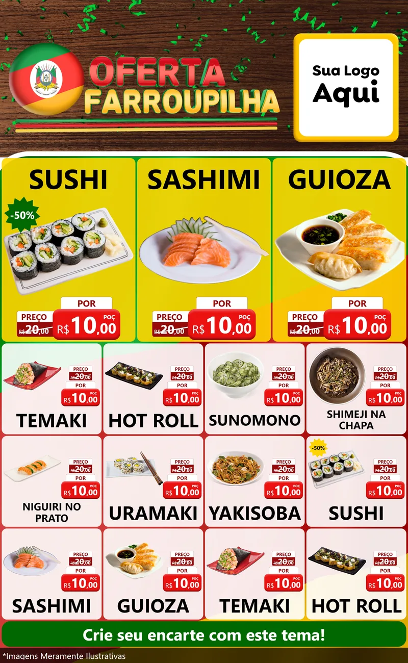 Modelo de Encarte para Encarte Grande com o tema Oferta Farroupilha para Comida japonesa