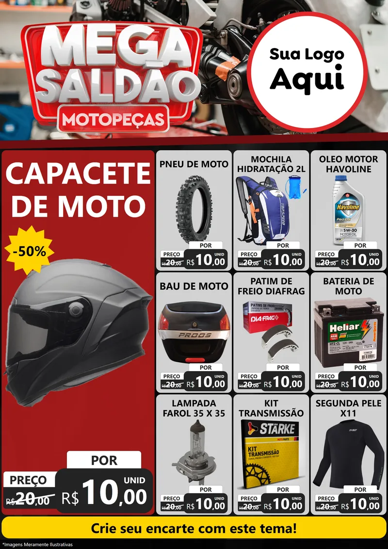 Modelo de Encarte para Encarte A4 Vertical com o tema Mega Saldão - Motopeças para Moto peças