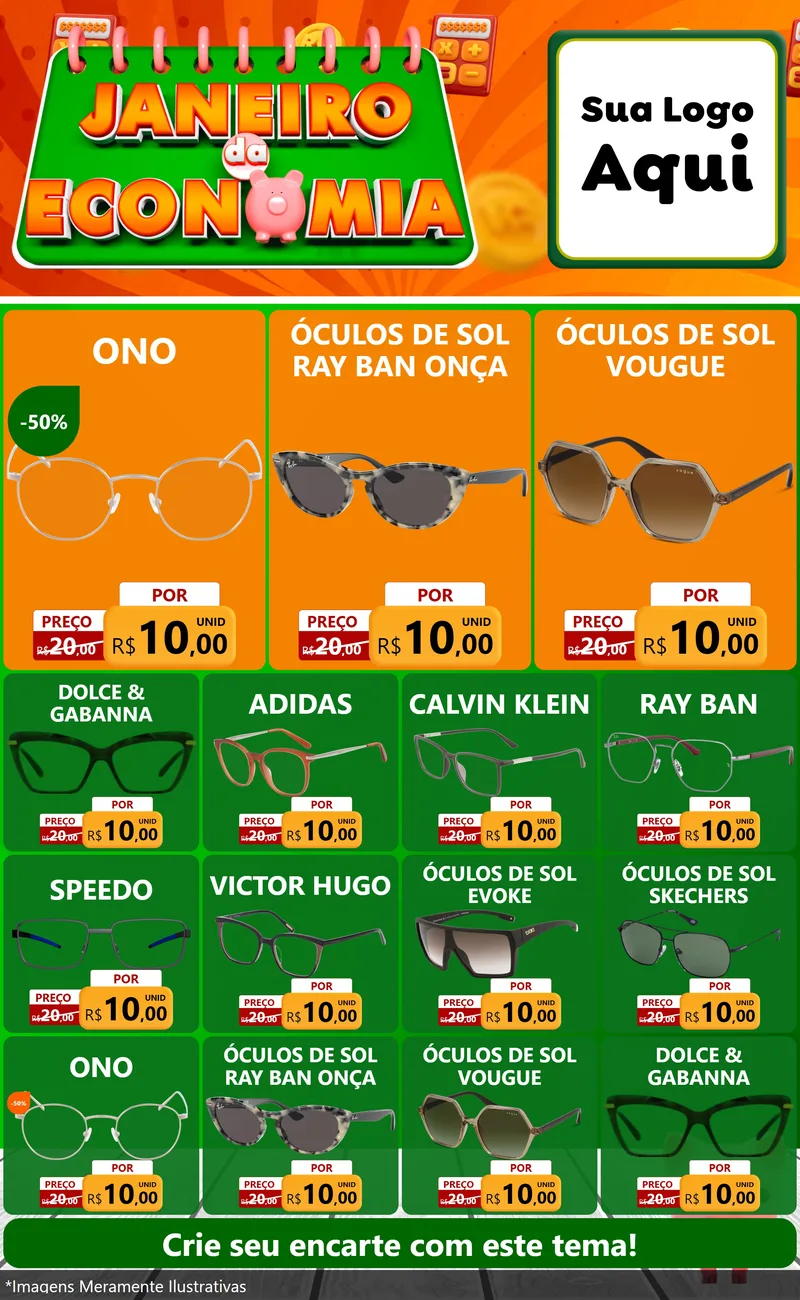 Modelo de Encarte para Encarte Grande com o tema Janeiro da Economia para Óticas