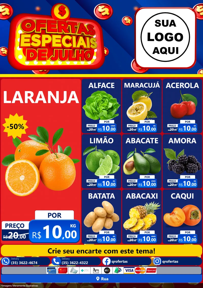 Modelo de Encarte para Encarte A4 Vertical com o tema Ofertas Especiais de Julho para Hortifrúti