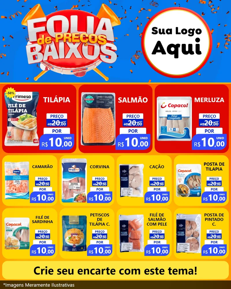 Modelo de Rede Social para Feed Instagram com o tema Folia de Preços Baixos para Peixaria