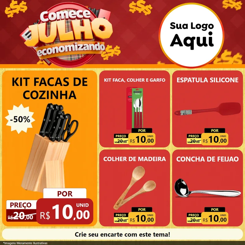Modelo de Rede Social para Feed Facebook com o tema Comece Julho Economizando para Utilidades Domésticas