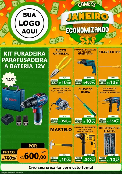 Modelo de Encarte para Encarte A4 Vertical com o tema Comece Janeiro Economizando para Maquinas e Ferramentas