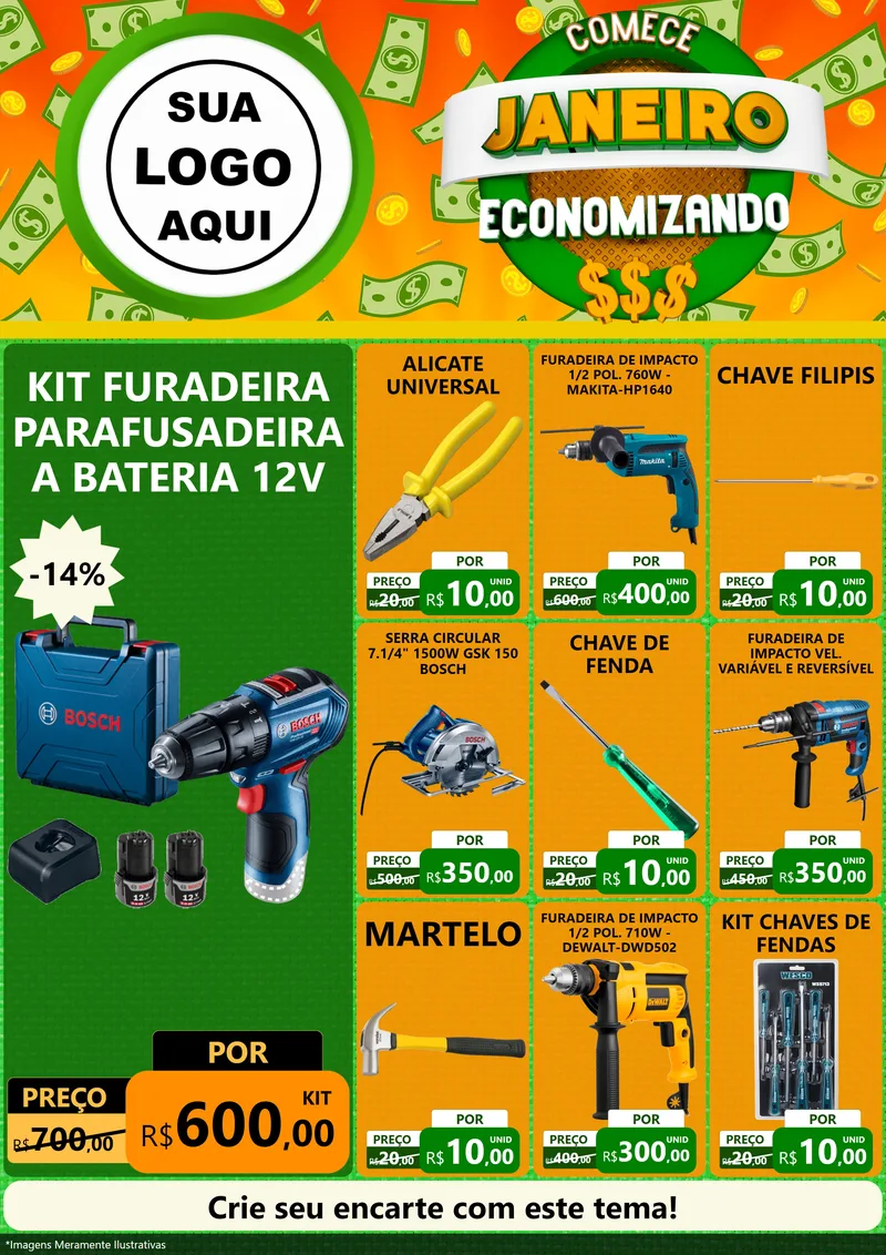 Modelo de Encarte para Encarte A4 Vertical com o tema Comece Janeiro Economizando para Maquinas e Ferramentas