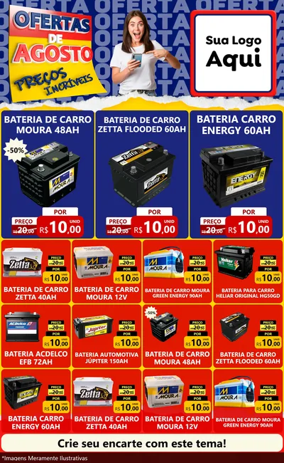 Modelo de Encarte para Encarte Grande com o tema Ofertas de Agosto - Preços Incríveis para Baterias Elétricas