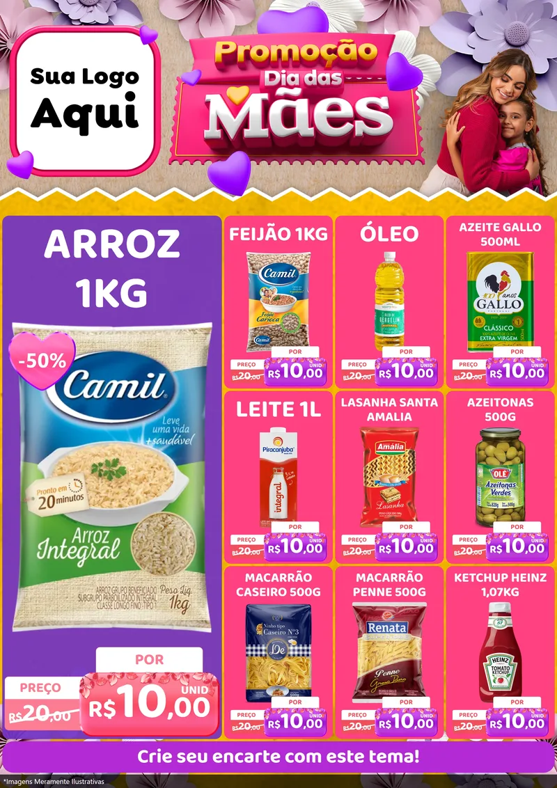 Modelo de Encarte para Encarte A4 Vertical com o tema Promoção Dia das Mães para Supermercado