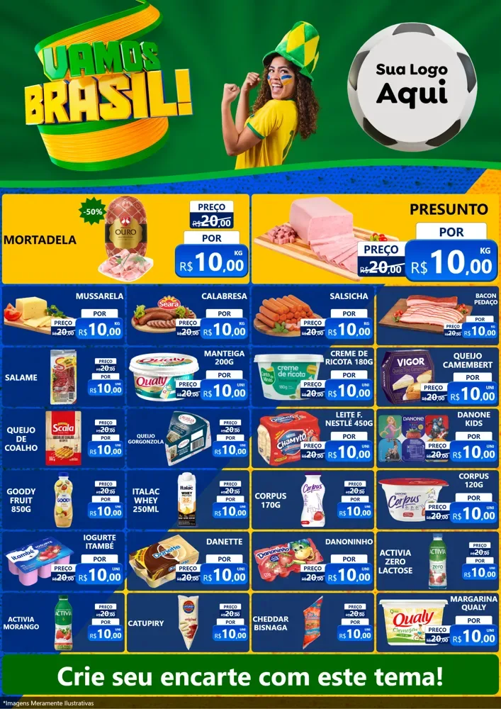 Modelo de Encarte para Encarte A4 Vertical com o tema Vamos Brasil - Copa para Frios e Laticínios