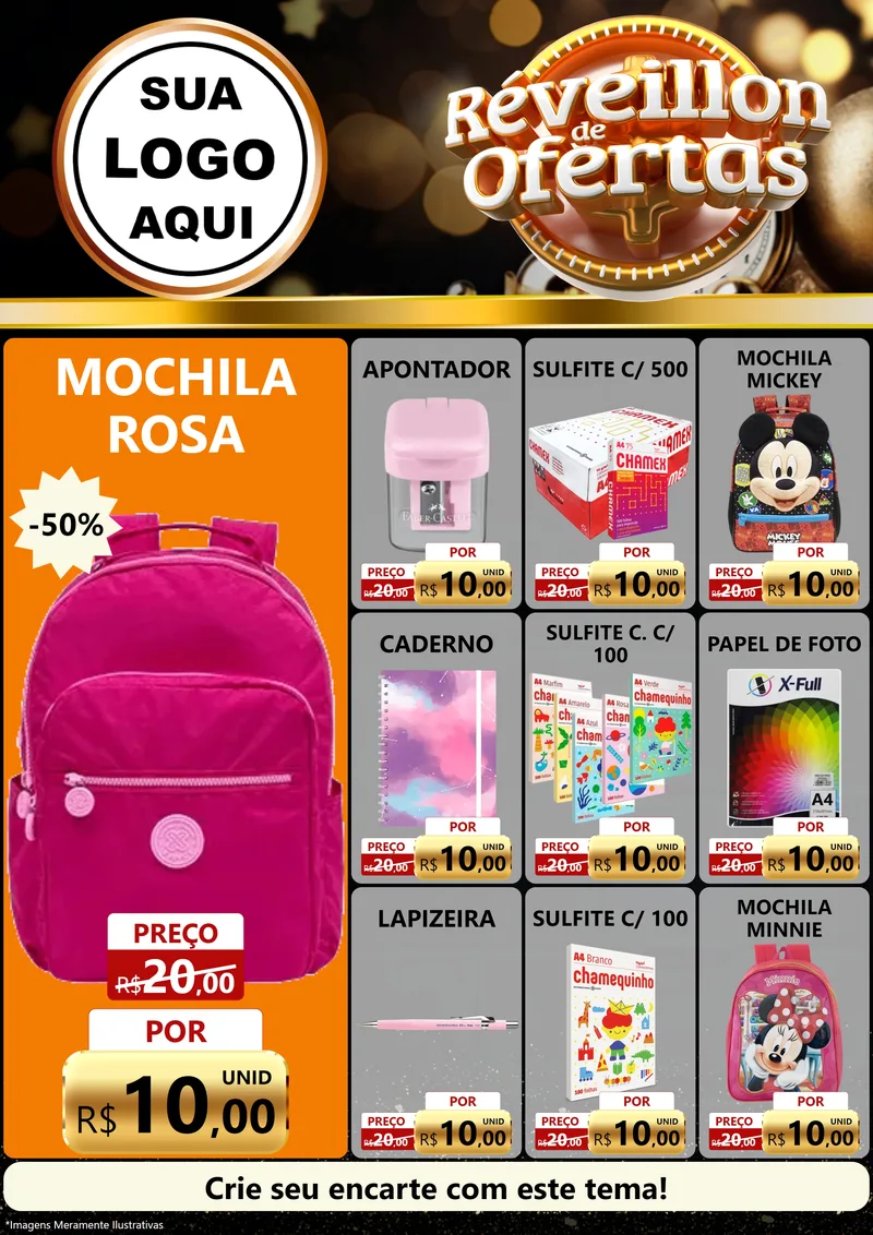 Modelo de Encarte para Encarte A4 Vertical com o tema Réveillon de Ofertas para Papelaria