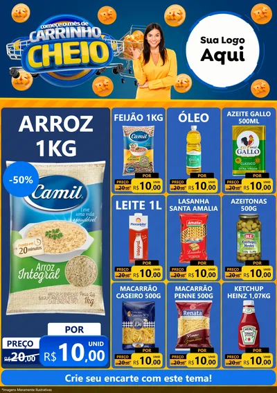 Modelo de Encarte para Encarte A4 Vertical com o tema Comece O Mês de Carrinho Cheio para Supermercado