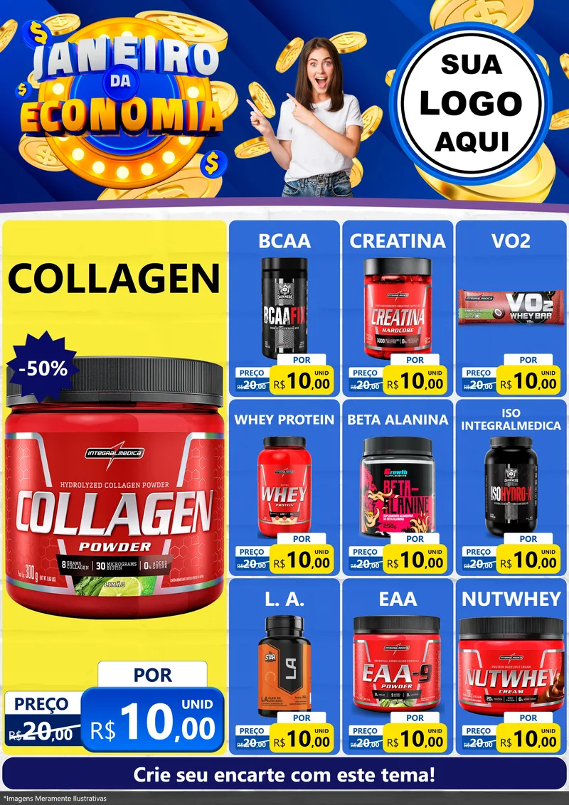 Modelo de Encarte para Encarte A4 Vertical com o tema Janeiro da Economia para Suplementos alimentares