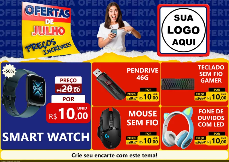 Modelo de Encarte para Encarte A4 Horizontal com o tema Ofertas de Julho - Preços Incríveis para Informática