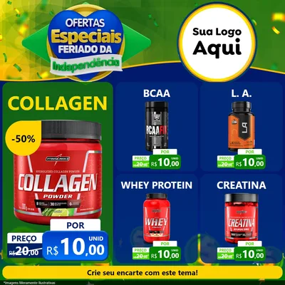 Modelo de Rede Social para Feed Facebook com o tema Ofertas Especiais Feriado da Independência para Suplementos alimentares