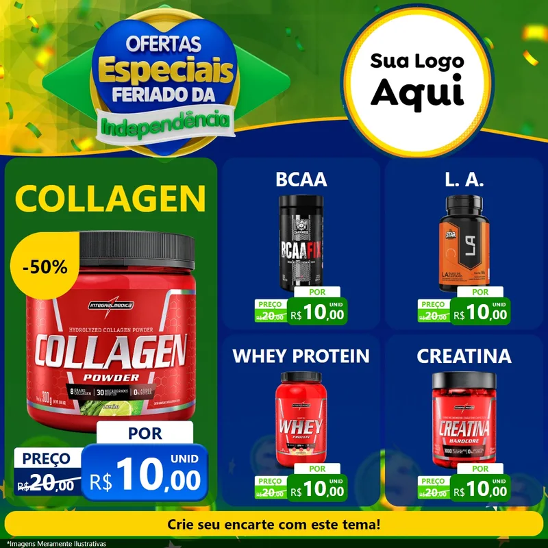 Modelo de Rede Social para Feed Facebook com o tema Ofertas Especiais Feriado da Independência para Suplementos alimentares