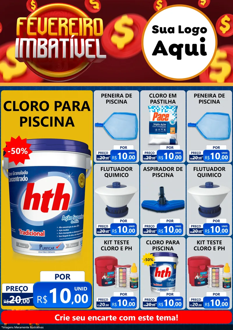 Modelo de Encarte para Encarte A4 Vertical com o tema Fevereiro Imbatível para Produtos para Piscina