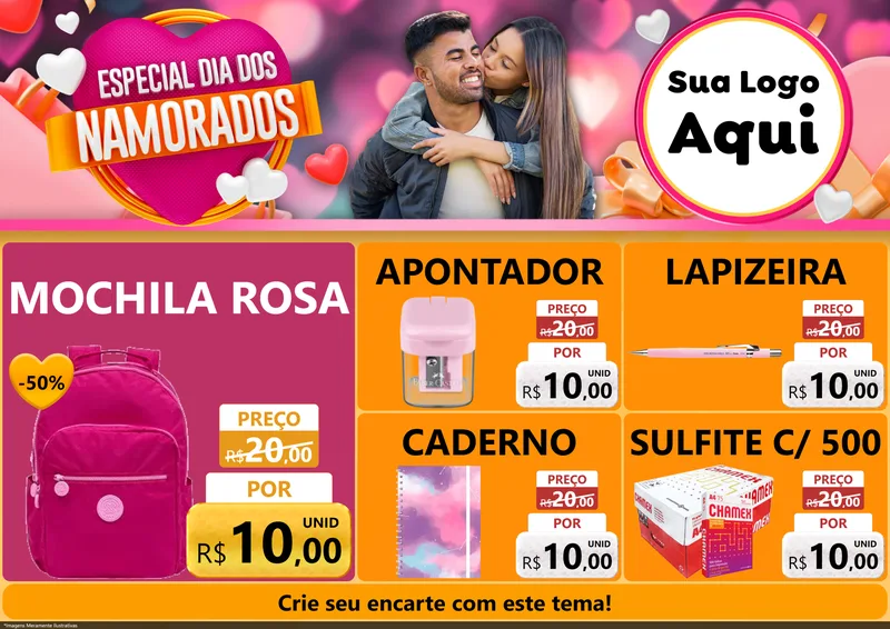 Modelo de Encarte para Encarte A4 Horizontal com o tema Especial Dia dos Namorados para Papelaria