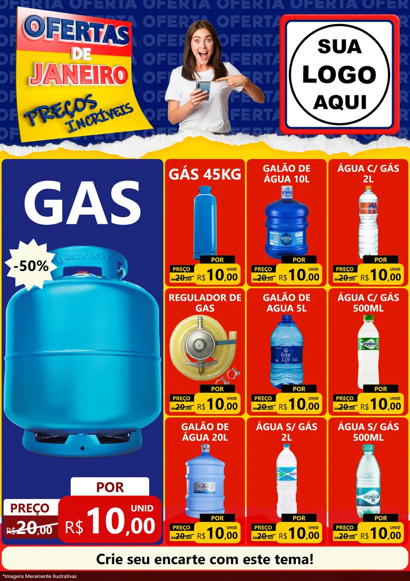 Modelo de Encarte para Encarte A4 Vertical com o tema Ofertas de Janeiro - Preços Incríveis para Água e gás