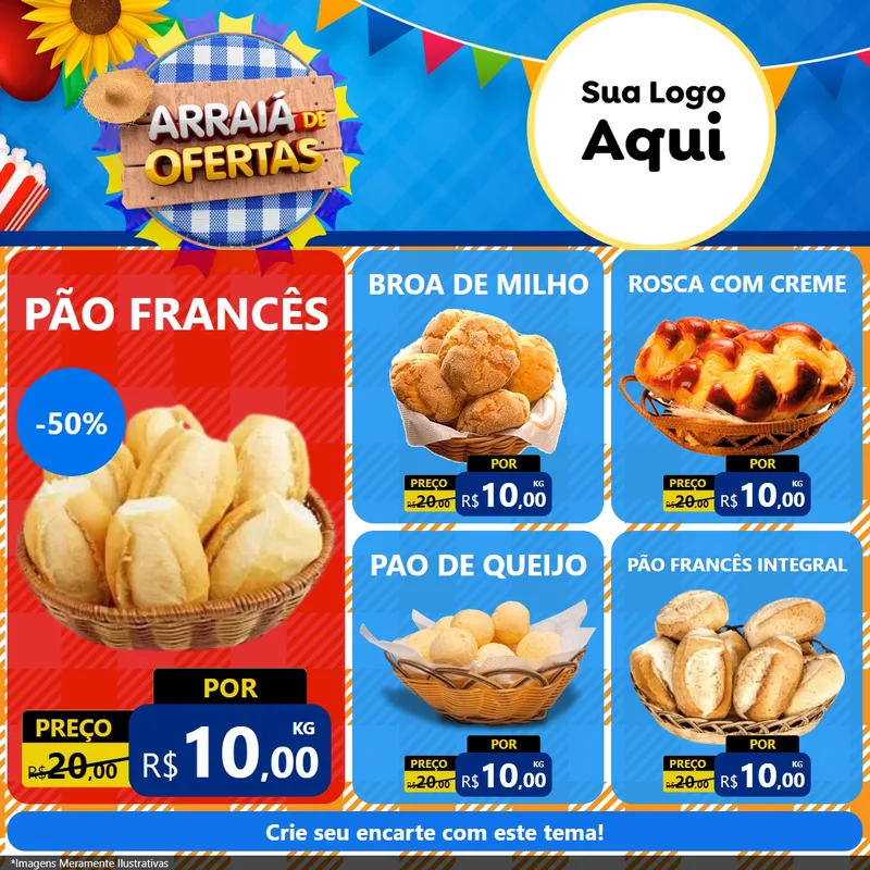 Modelo de Rede Social para Feed Facebook com o tema Arraiá de Ofertas para Padaria