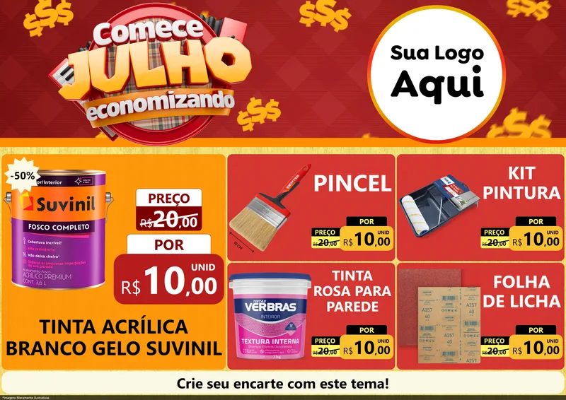Modelo de Encarte para Encarte A4 Horizontal com o tema Comece Julho Economizando para Tintas e Ferramentas