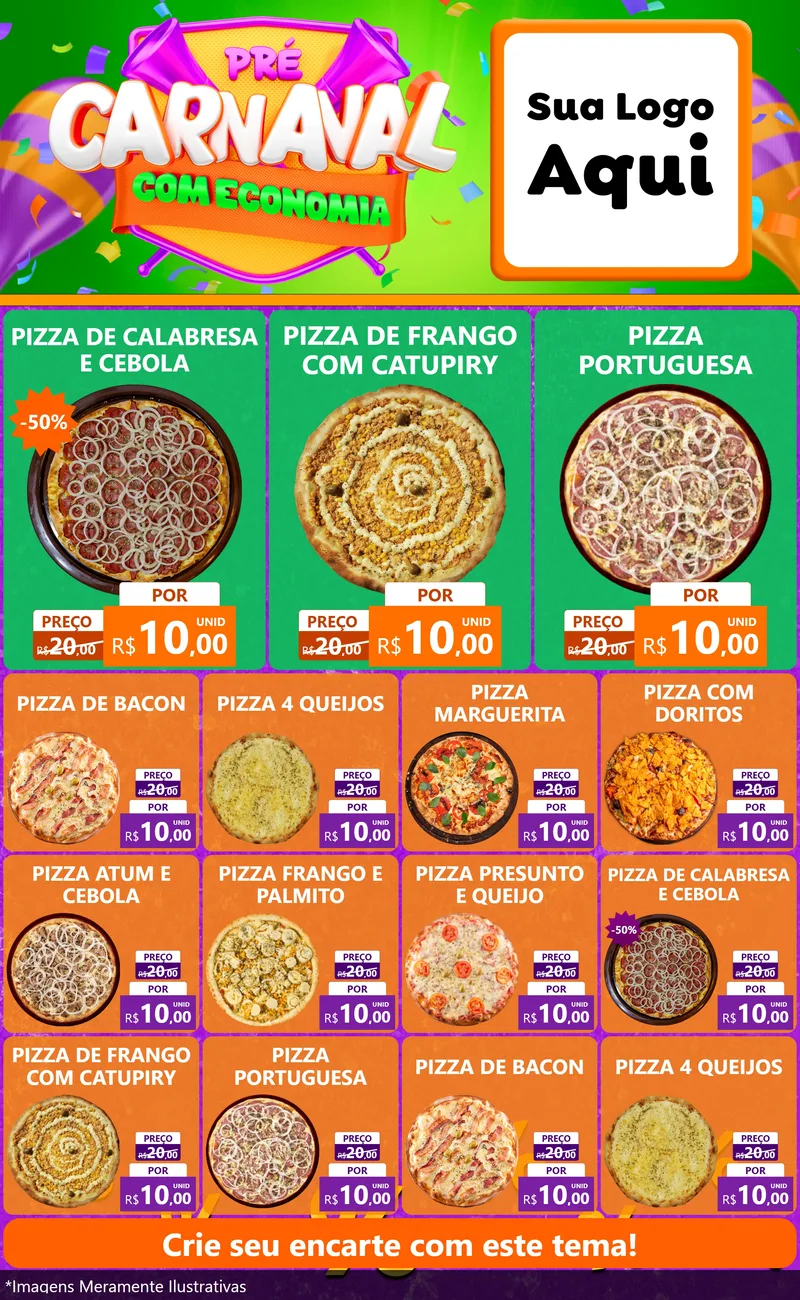 Modelo de Encarte para Encarte Grande com o tema Pré-Carnaval Com Economia para Pizzaria