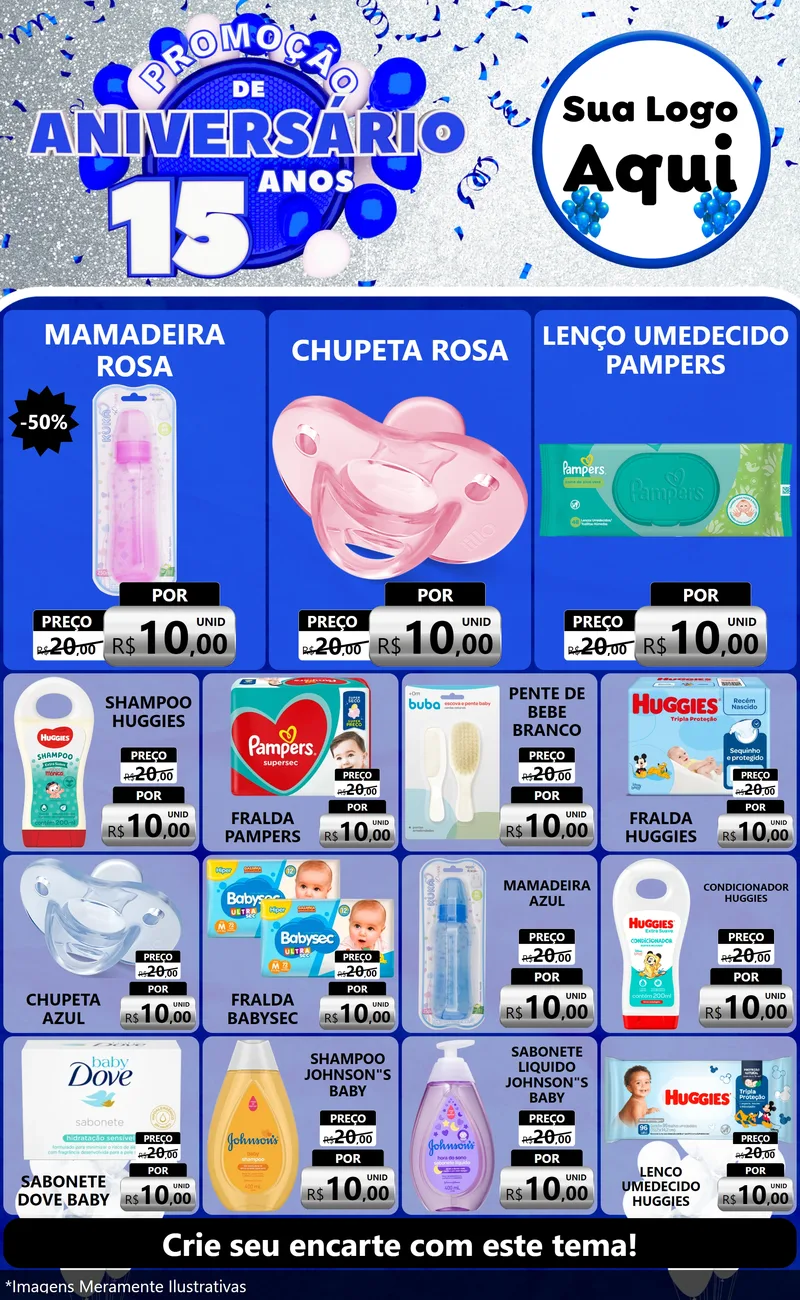 Modelo de Encarte para Encarte Grande com o tema Promoção de Aniversário - 15 Anos para Bebês