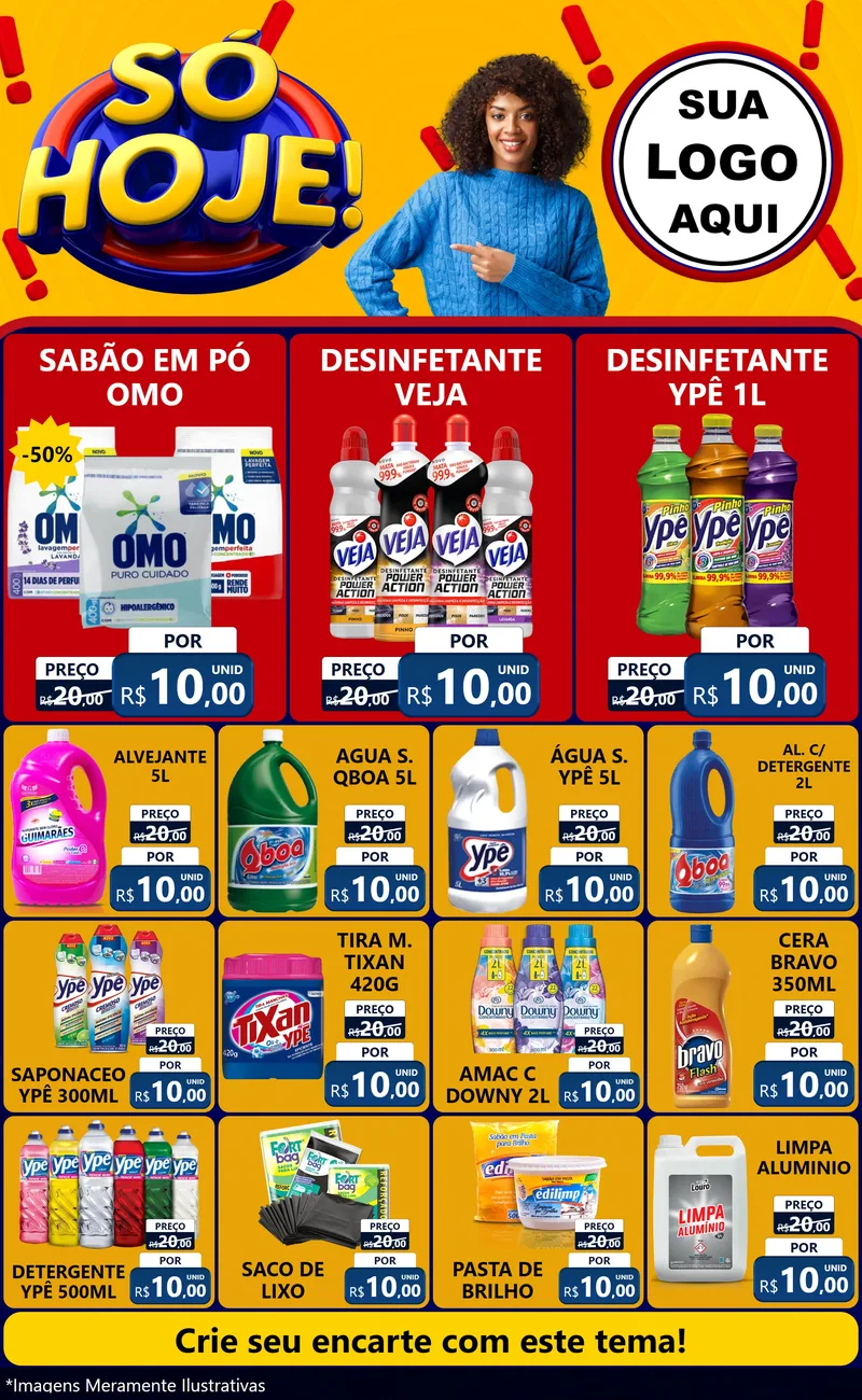 Modelo de Encarte para Encarte Grande com o tema Só Hoje! para Produtos de Limpeza