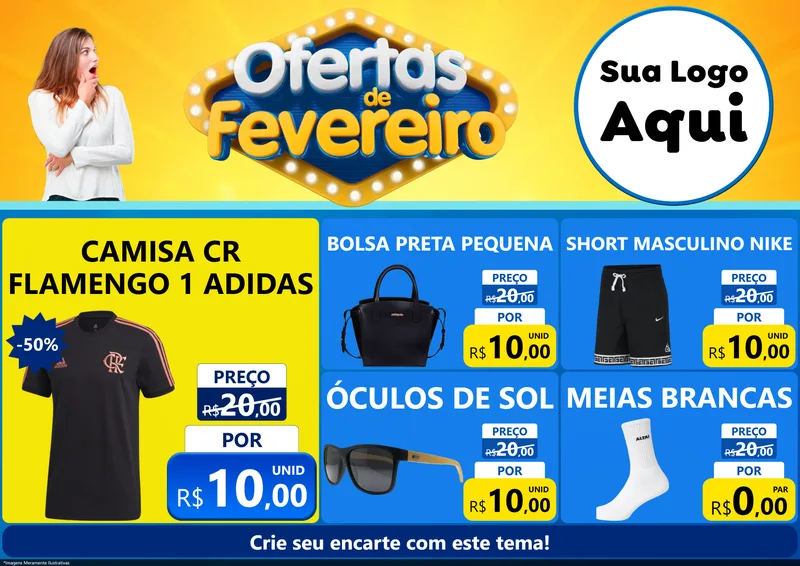 Modelo de Encarte para Encarte A4 Horizontal com o tema Ofertas de Fevereiro para Roupas e acessórios