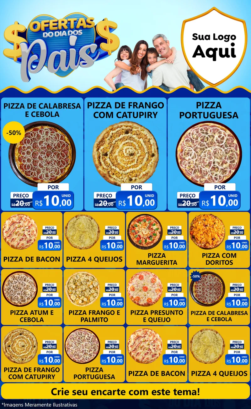Modelo de Encarte para Encarte Grande com o tema Ofertas do Dia dos Pais para Pizzaria
