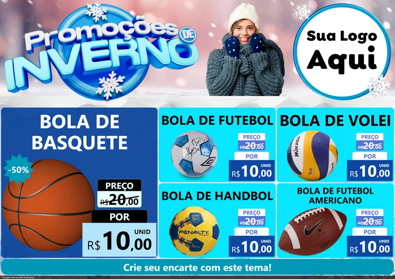 Modelo de Encarte para Encarte A4 Horizontal com o tema Promoções de Inverno para Artigos Esportivos