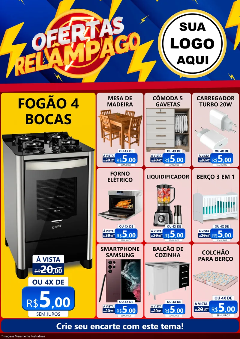 Modelo de Encarte para Encarte A4 Vertical com o tema Ofertas Relâmpago para Móveis e Eletro
