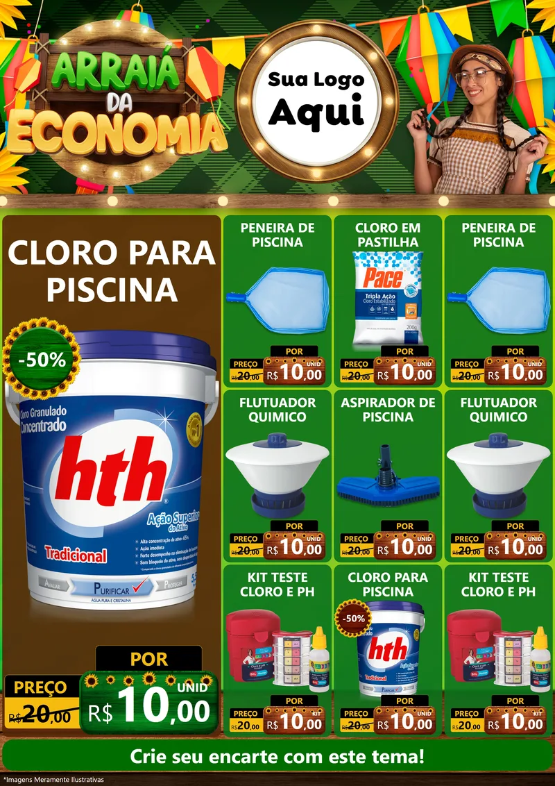Modelo de Encarte para Encarte A4 Vertical com o tema Arraiá de Economia para Produtos para Piscina