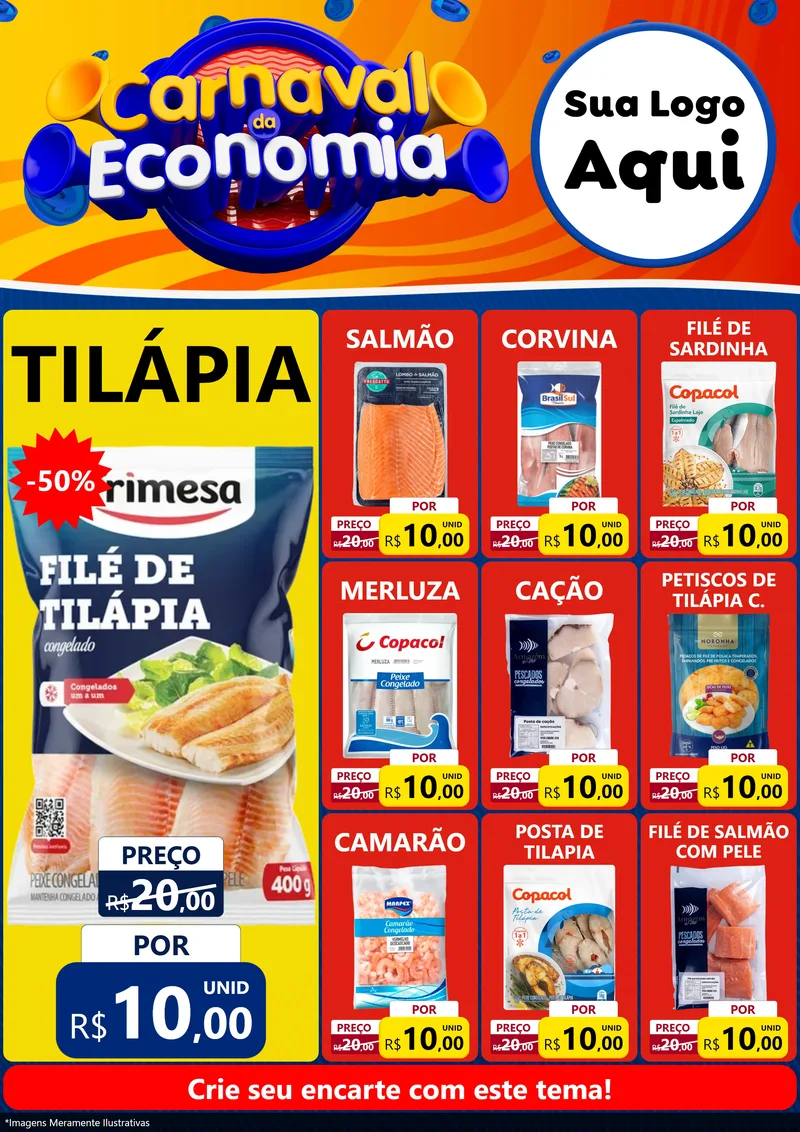 Modelo de Encarte para Encarte A4 Vertical com o tema Carnaval da Economia para Peixaria