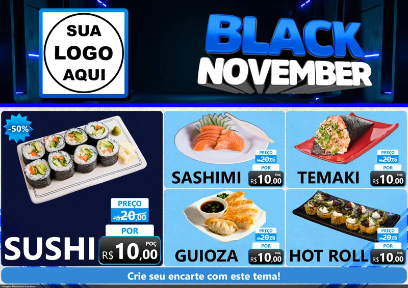 Modelo de Encarte para Encarte A4 Horizontal com o tema Black November para Comida japonesa