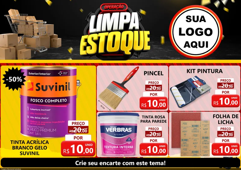 Modelo de Encarte para Encarte A4 Horizontal com o tema Operação Limpa Estoque para Tintas e Ferramentas