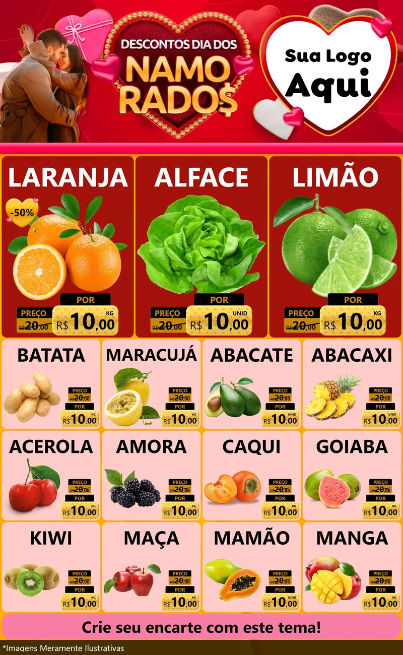 Modelo de Encarte para Encarte Grande com o tema Descontos Dia dos Namorados para Hortifrúti