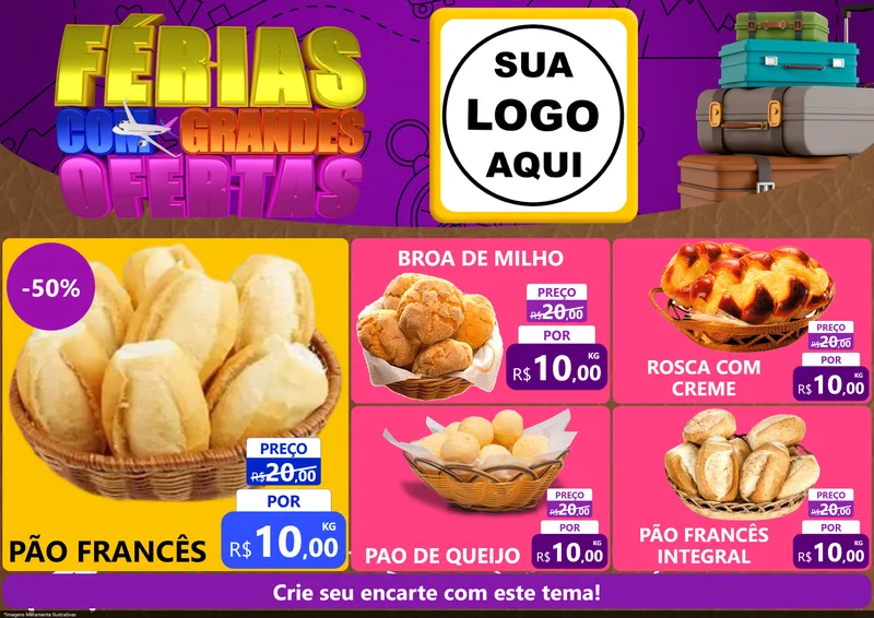 Modelo de Encarte para Encarte A4 Horizontal com o tema Férias com Grandes Ofertas para Padaria