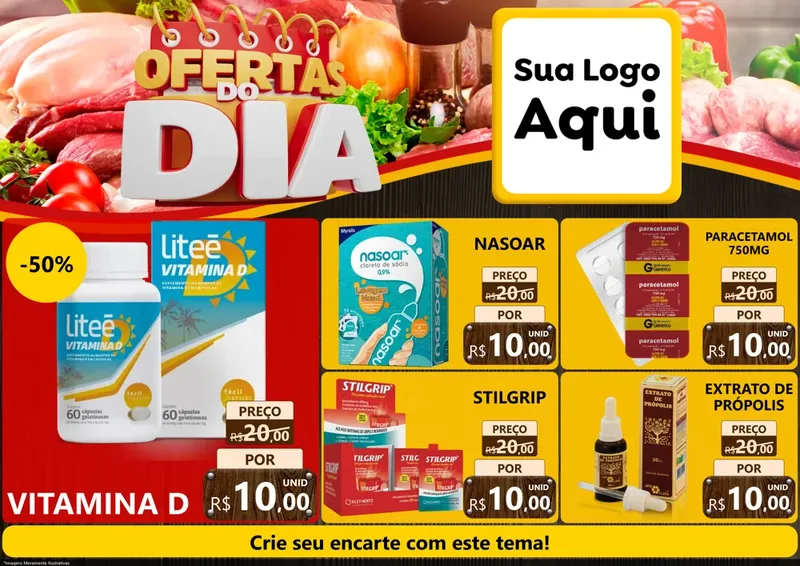 Modelo de Encarte para Encarte A4 Horizontal com o tema Ofertas do Dia para Farmácia
