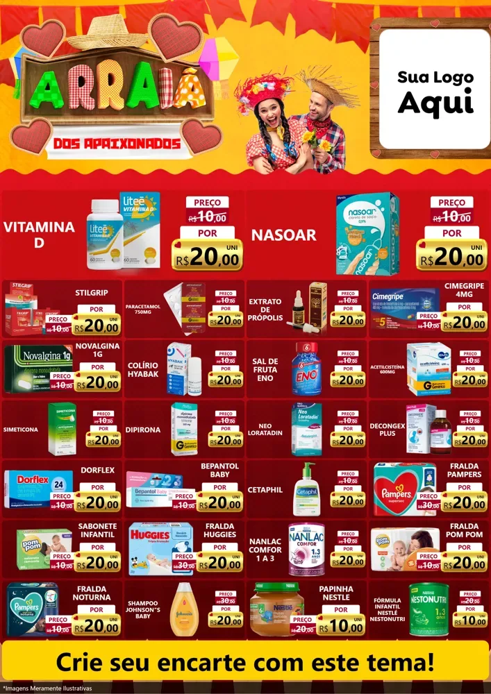 Modelo de Encarte para Encarte A4 Vertical com o tema Arraiá Dos Apaixonados - Junina para Farmácia