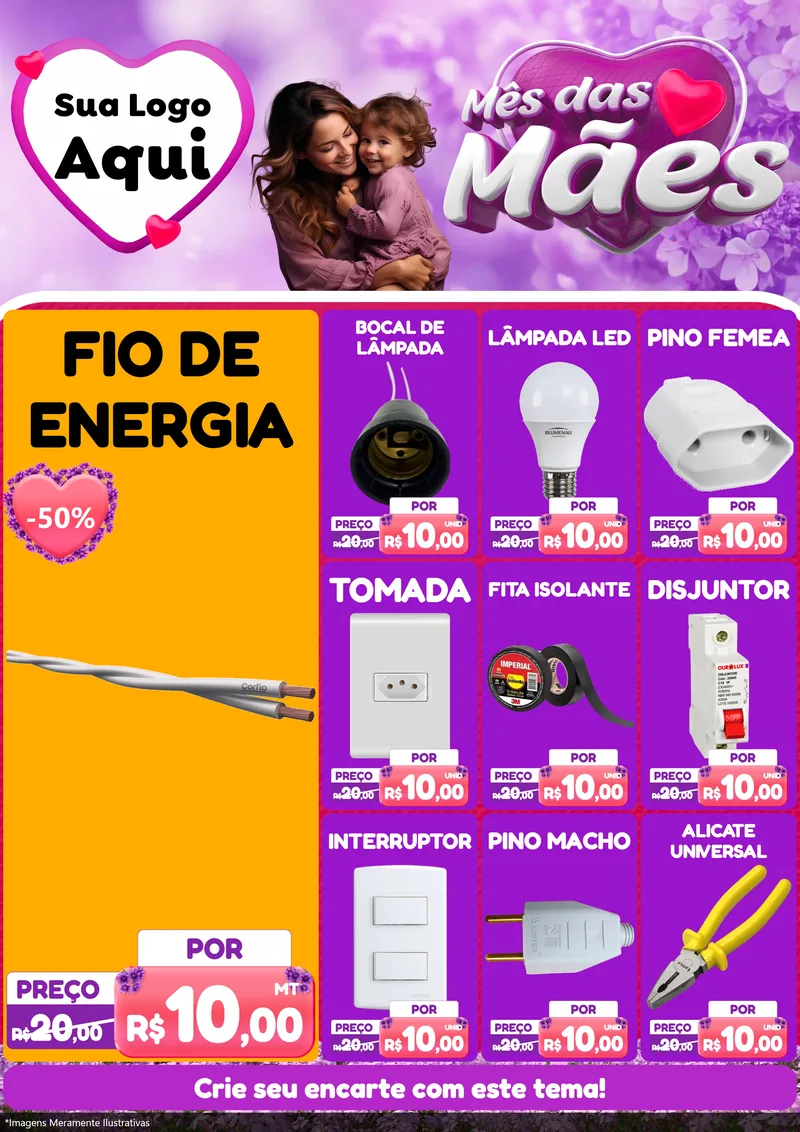 Modelo de Encarte para Encarte A4 Vertical com o tema Mês das Mães para Materiais Elétricos
