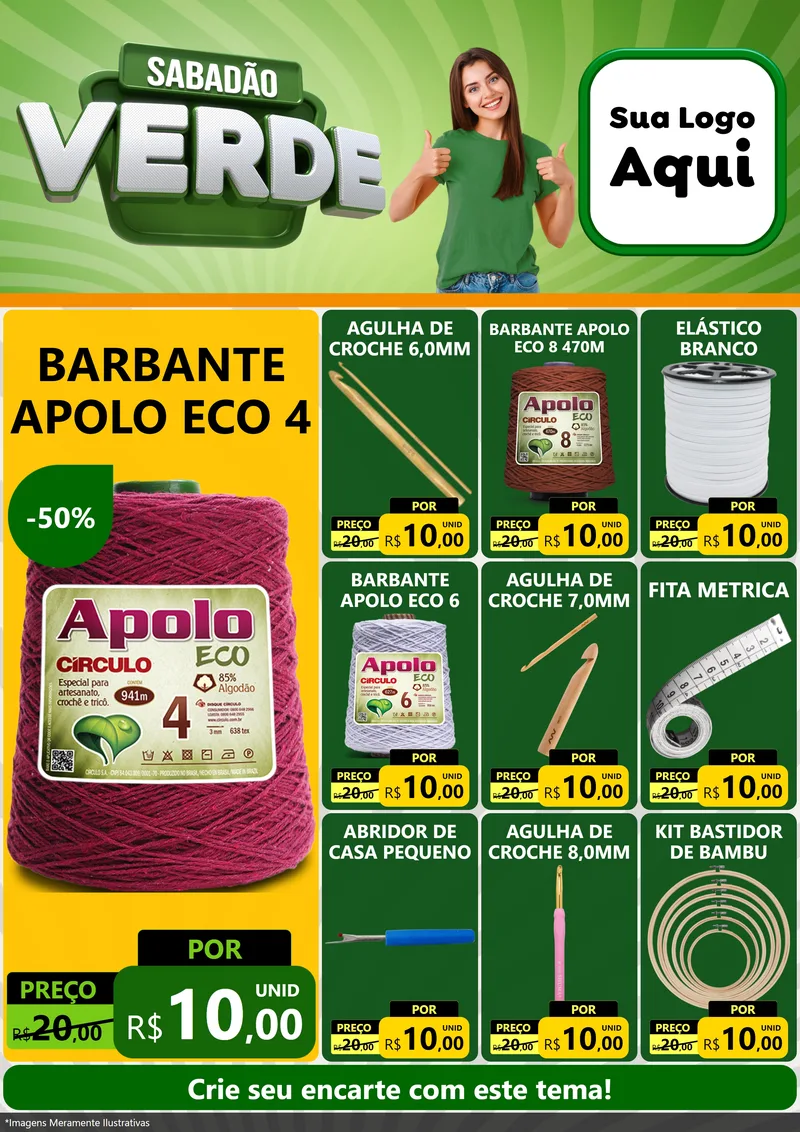 Modelo de Encarte para Encarte A4 Vertical com o tema Sabadão Verde para Armarinho e Aviamentos