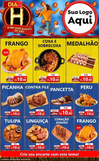 Modelo de Encarte para Encarte Grande com o tema Dia H - O Dia Mais Barato Do Mês para Assados