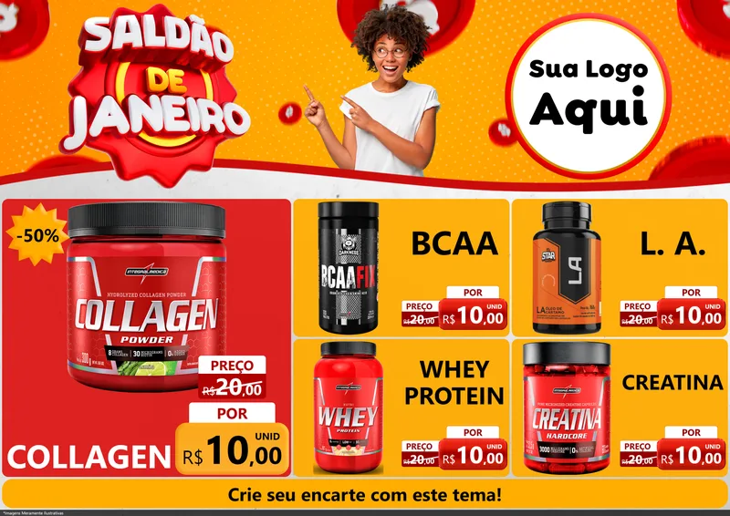 Modelo de Encarte para Encarte A4 Horizontal com o tema Saldão de Janeiro para Suplementos alimentares